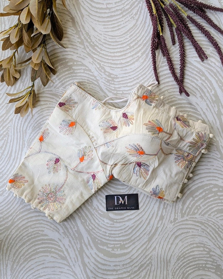 Off White Embroidered Khadi Cotton Blouse - Readymade Saree Blouse