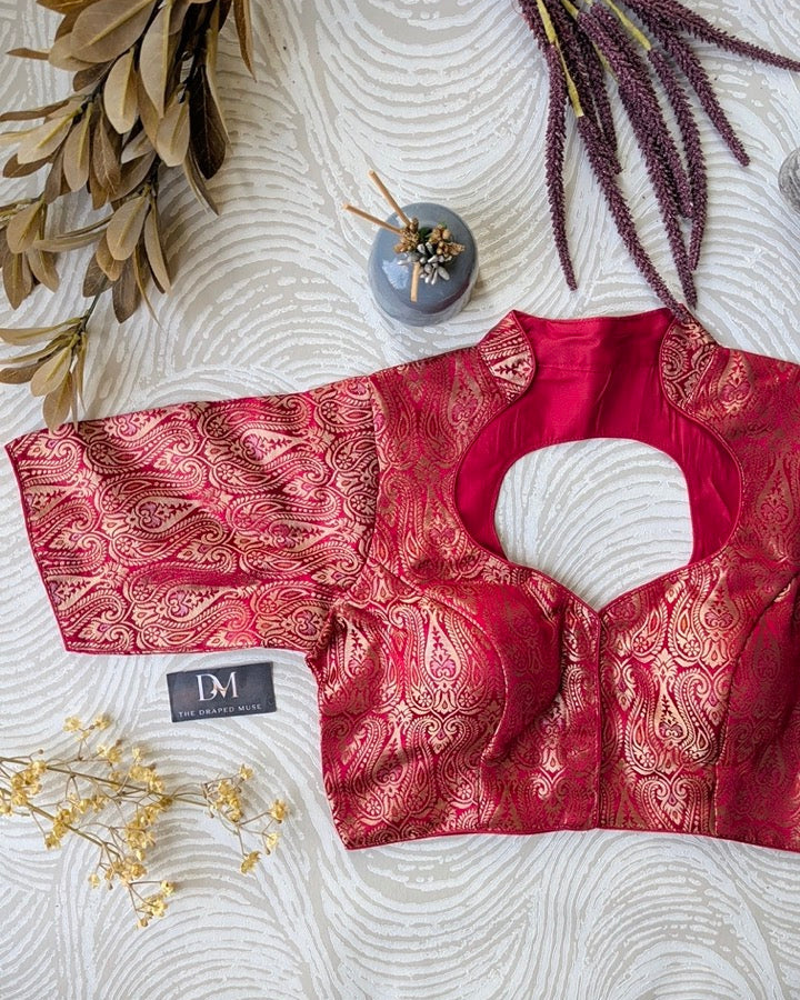 Pink Woven Banarasi Blouse - Readymade Saree Blouse