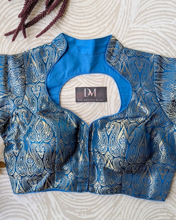 Blue Silk Woven Banarasi Blouse - Readymade Saree Blouse