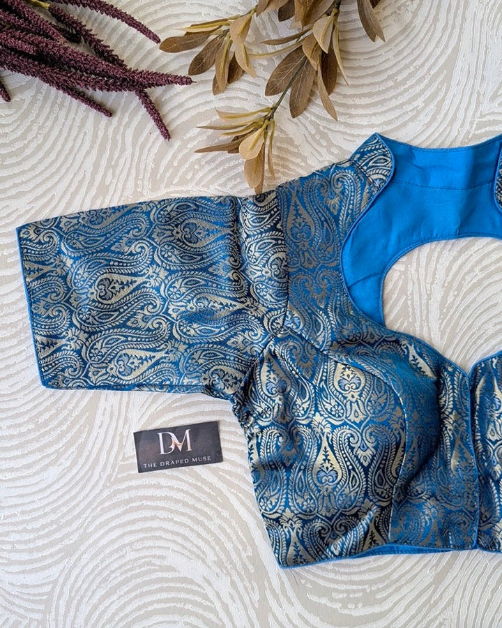 Blue Silk Woven Banarasi Blouse - Readymade Saree Blouse