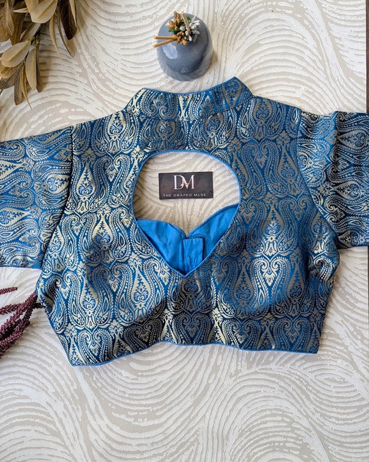 Blue Silk Woven Banarasi Blouse - Readymade Saree Blouse