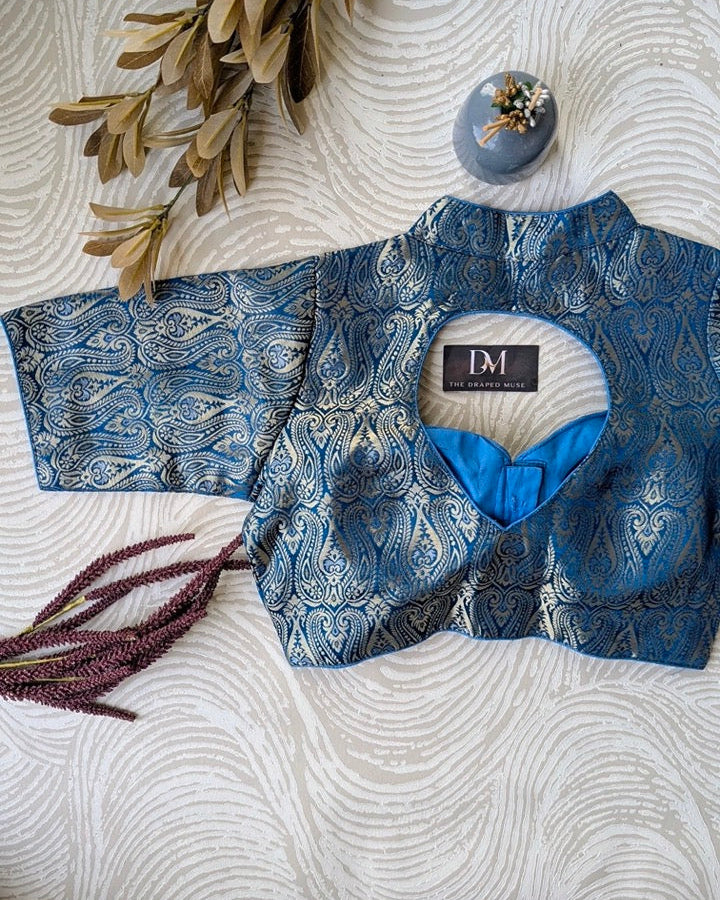 Blue Silk Woven Banarasi Blouse - Readymade Saree Blouse