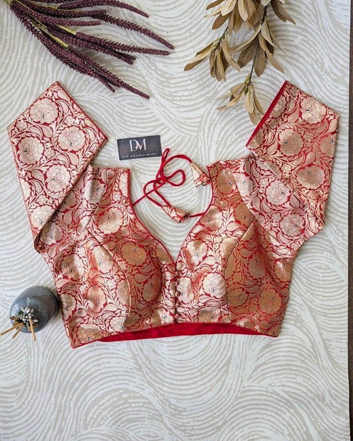 Red Banarasi Jacquard Blouse - Readymade Saree Blouse
