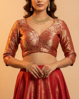 Red Banarasi Jacquard Blouse - Readymade Saree Blouse