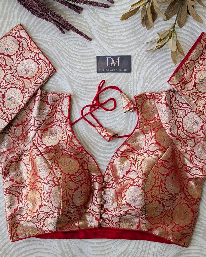 Red Banarasi Jacquard Blouse - Readymade Saree Blouse