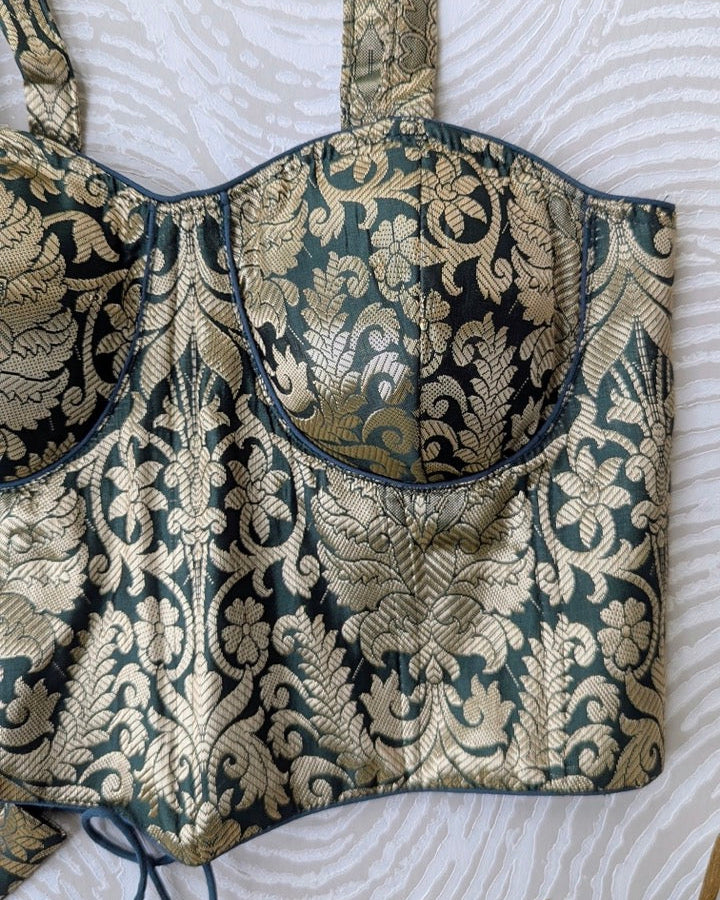 Green Golden Zari Long Corset Blouse - Readymade Saree Blouse