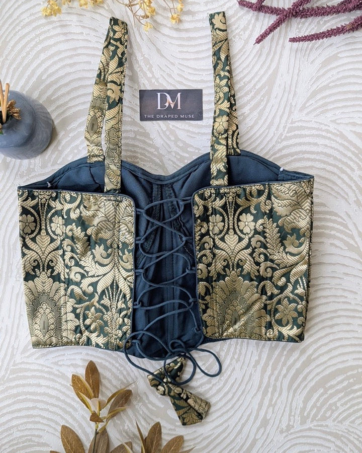 Green Golden Zari Long Corset Blouse - Readymade Saree Blouse