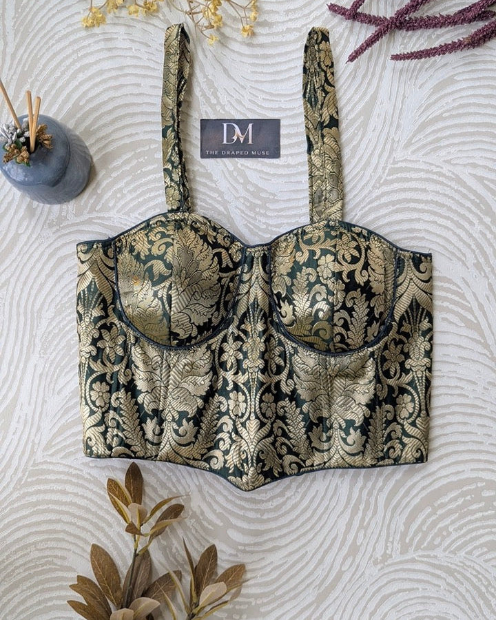 Green Golden Zari Long Corset Blouse - Readymade Saree Blouse