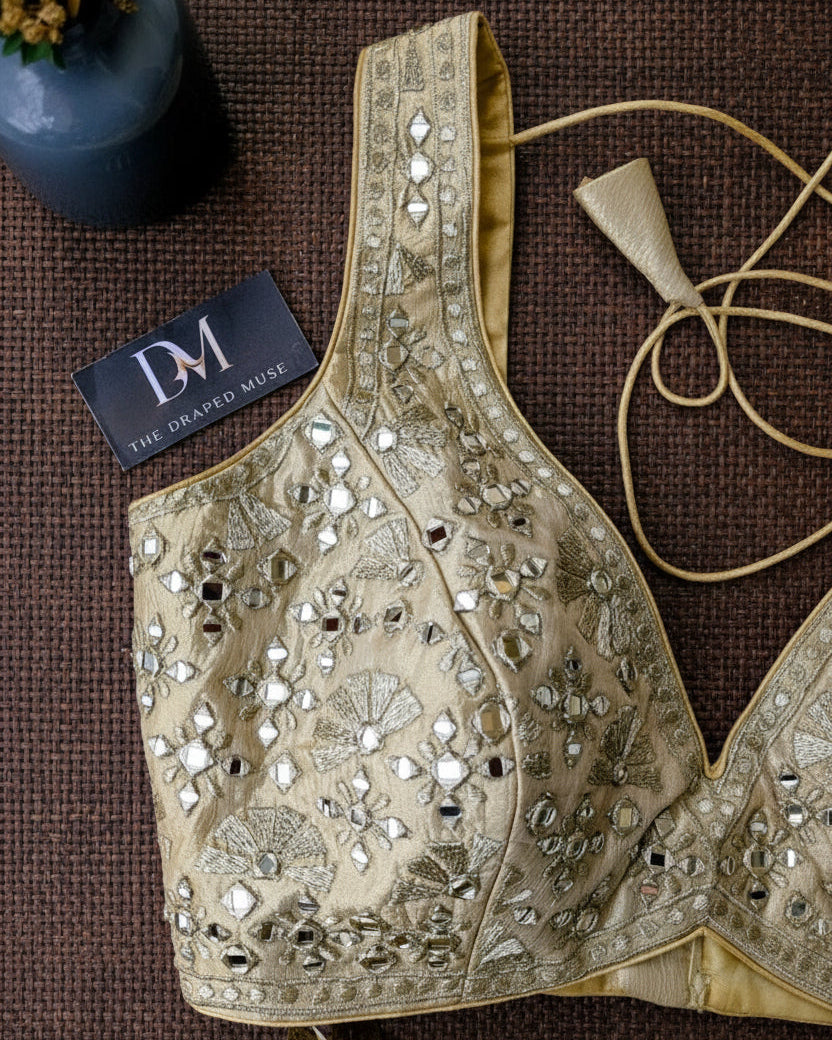 Gold Heavy Mirror Work Tissue Silk Blouse - Readymade Saree Blouse