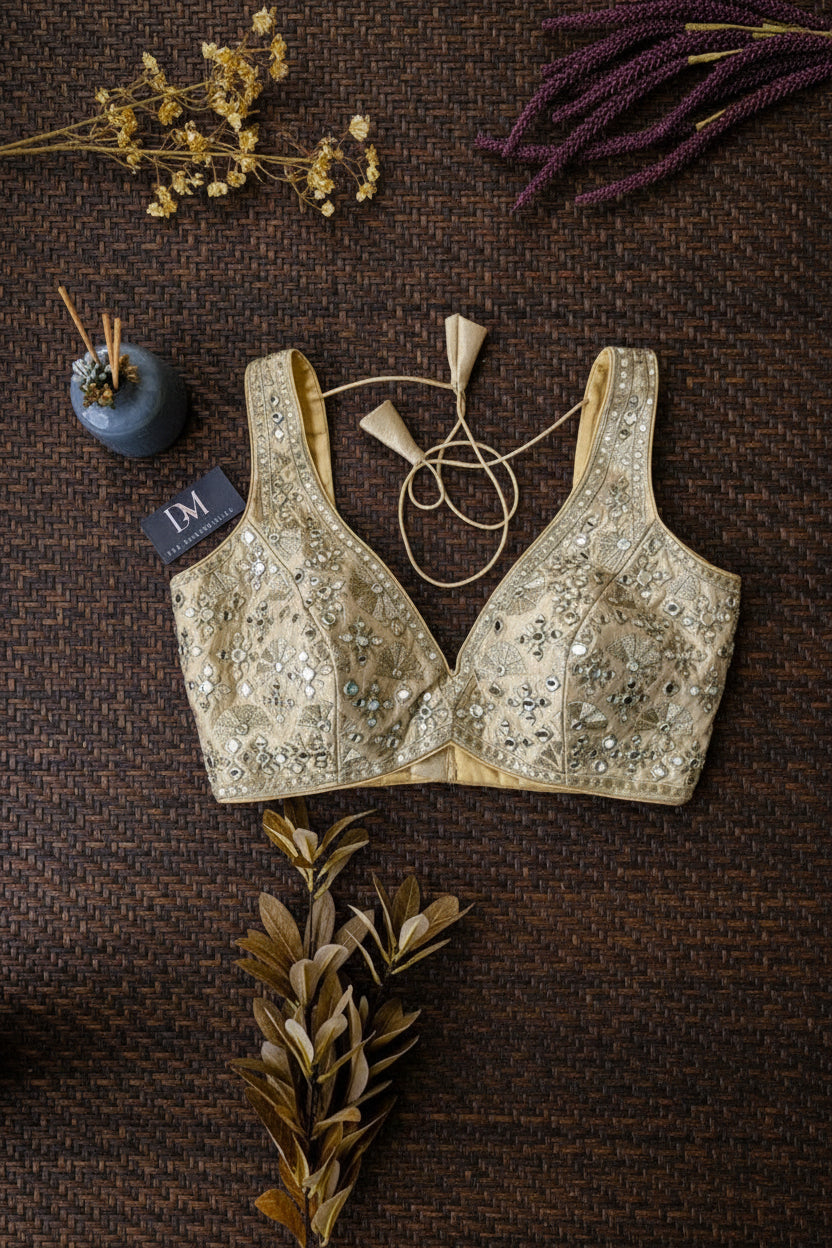 Gold Heavy Mirror Work Tissue Silk Blouse - Readymade Saree Blouse