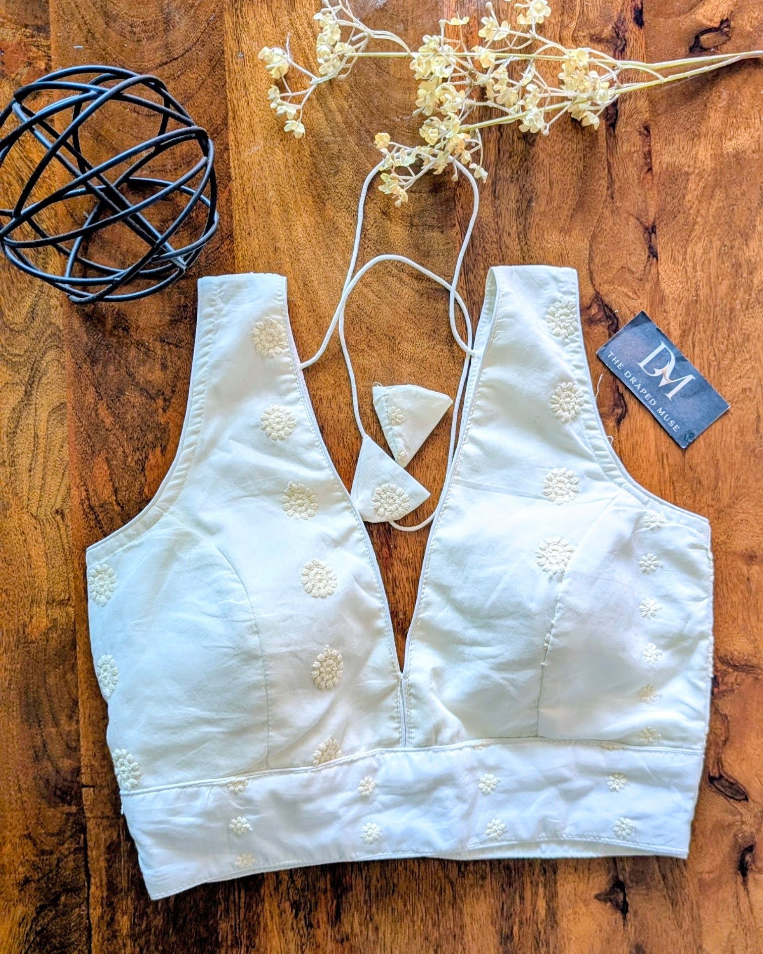 Off White Self Embroidery Cotton Blouse - Readymade Saree Blouse