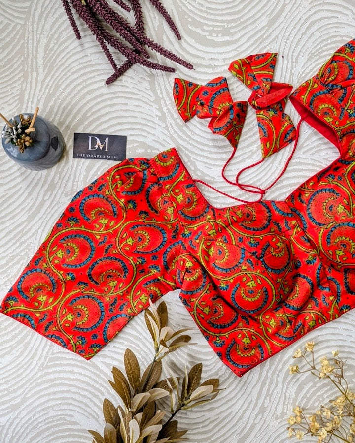 Orange Printed Cotton Blouse - Readymade Saree Blouse