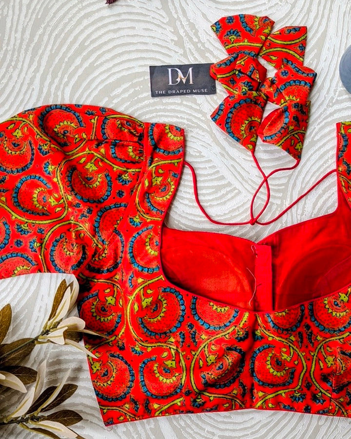 Orange Printed Cotton Blouse - Readymade Saree Blouse
