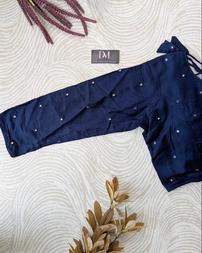 Navy Blue Light Mirror Work Blouse - Readymade Saree Blouse