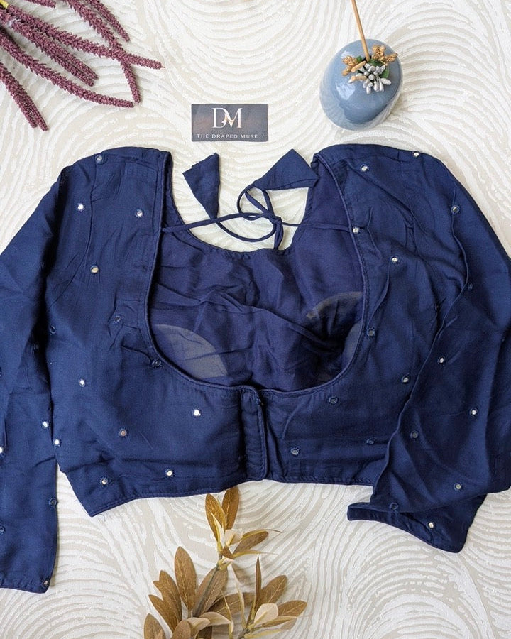 Navy Blue Light Mirror Work Blouse - Readymade Saree Blouse