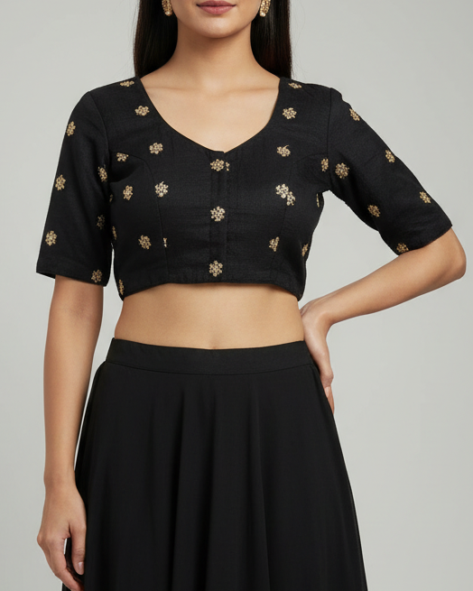 Black Embroidered Art Silk Blouse - Readymade Saree Blouse