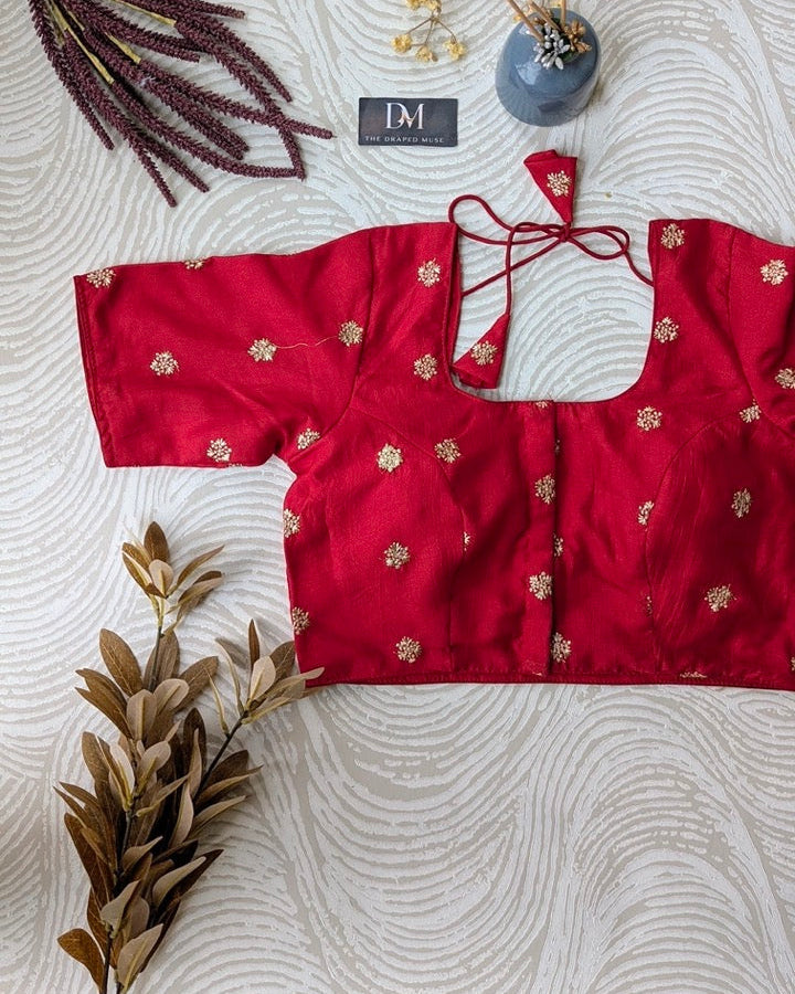 Red Embroidered Art Silk Blouse - Readymade Saree Blouse