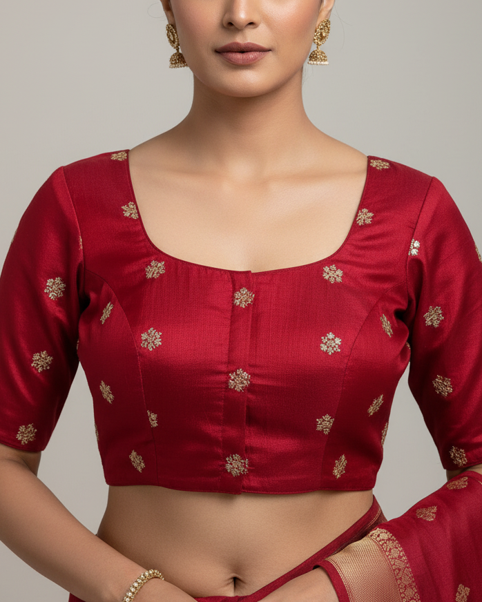 Red Embroidered Art Silk Blouse - Readymade Saree Blouse