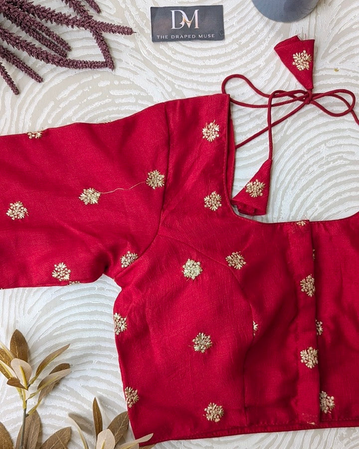 Red Embroidered Art Silk Blouse - Readymade Saree Blouse