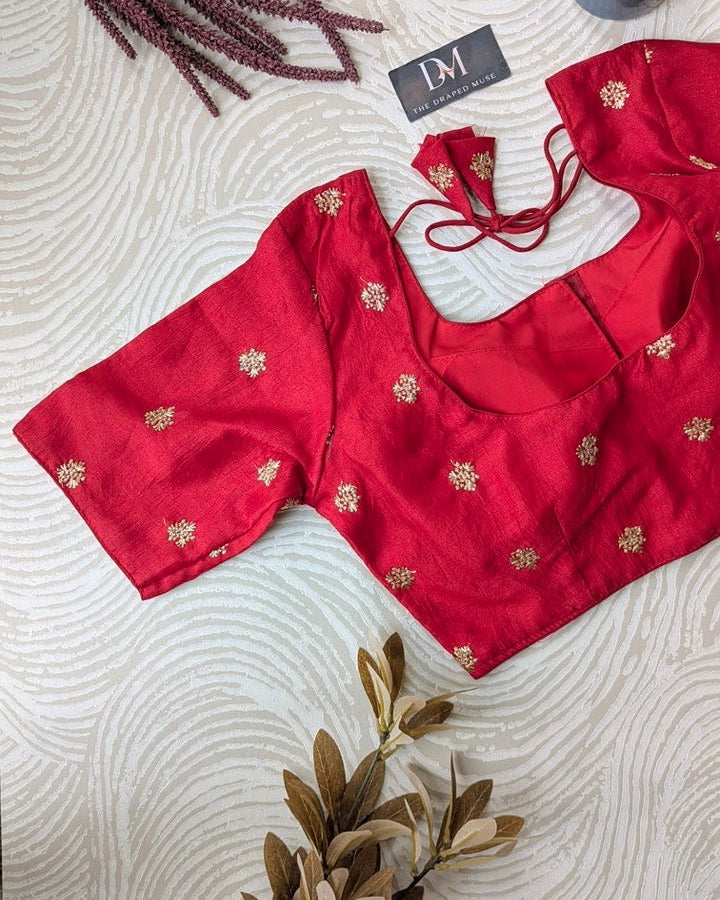 Red Embroidered Art Silk Blouse - Readymade Saree Blouse