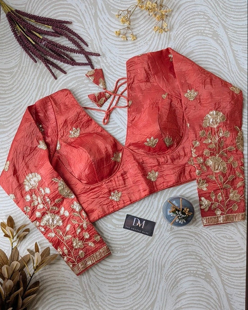 Orange Embroidered Tissue Silk Blouse - Readymade Saree Blouse