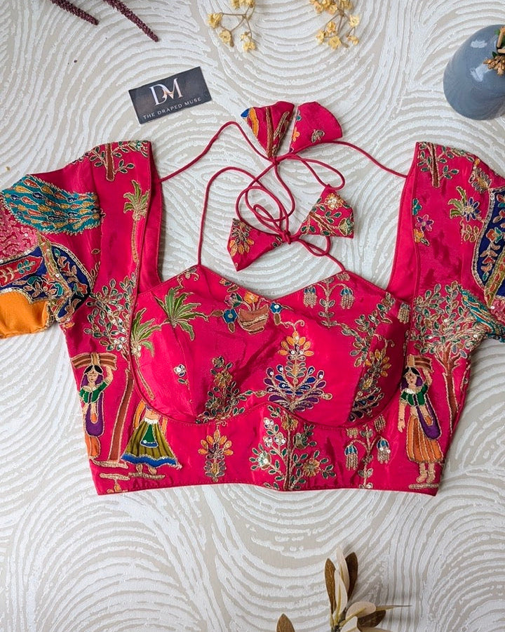 Pink Madhubala Blouse with Position Work - Readymade Saree Blouse