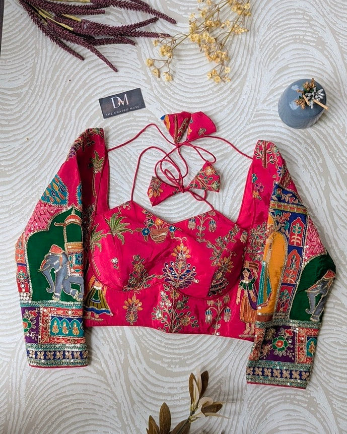 Pink Madhubala Blouse with Position Work - Readymade Saree Blouse