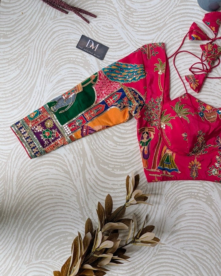 Pink Madhubala Blouse with Position Work - Readymade Saree Blouse