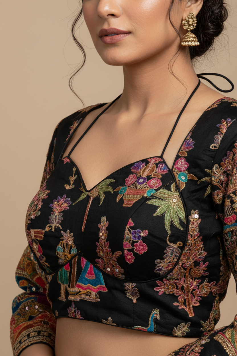 Black Position Work Crepe Blouse - Readymade Saree Blouse