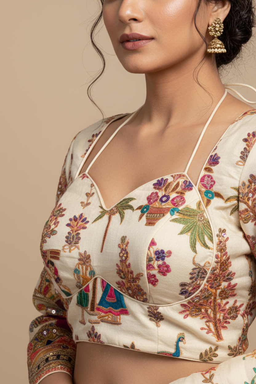 Off White Position Work Crepe Blouse - Readymade Saree Blouse