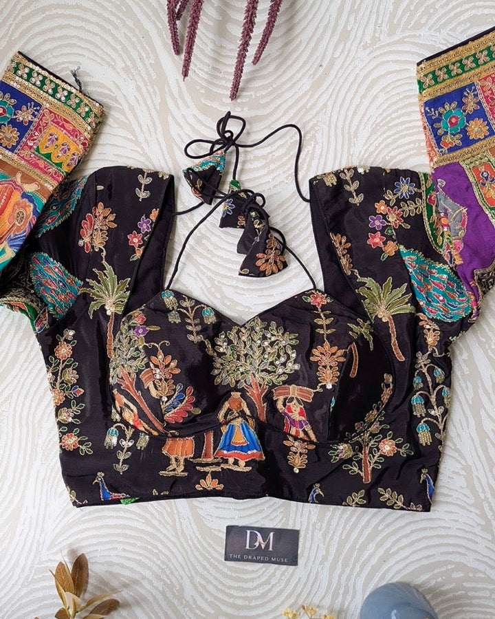 Black Position Work Crepe Blouse - Readymade Saree Blouse