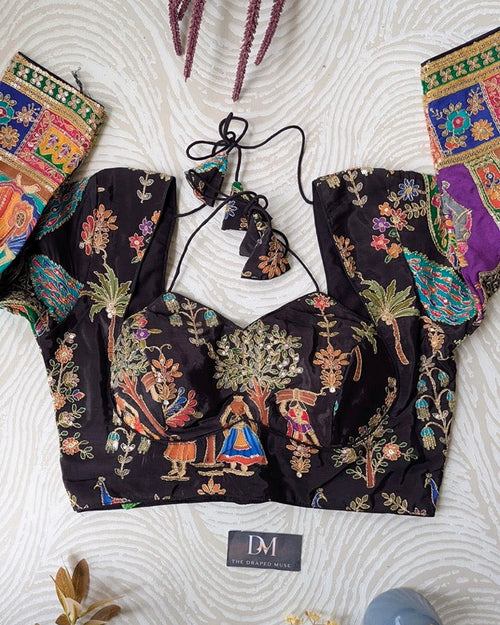 Black Position Work Crepe Blouse - Readymade Saree Blouse