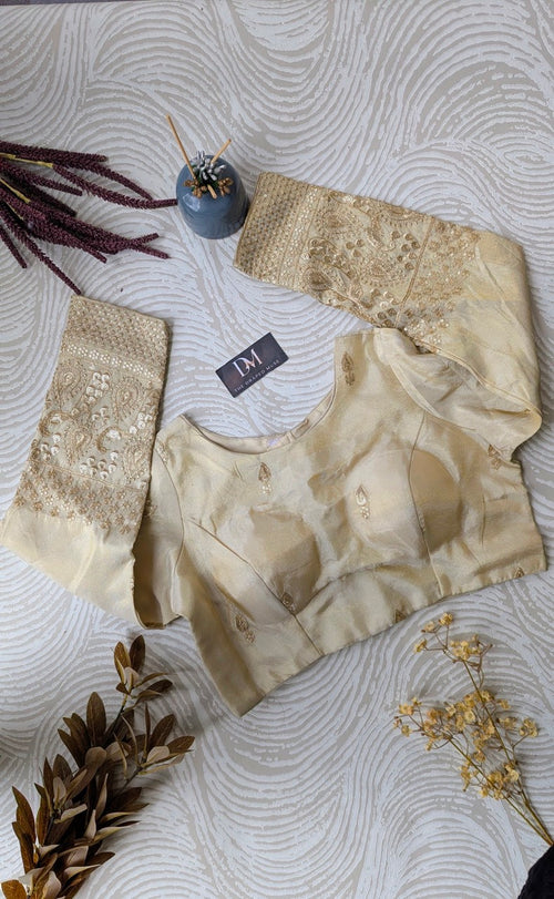 Off White Embroidered Tissue Silk Blouse - Readymade Saree Blouse
