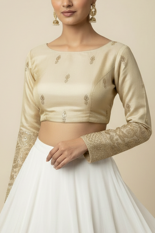 Off White Embroidered Tissue Silk Blouse - Readymade Saree Blouse