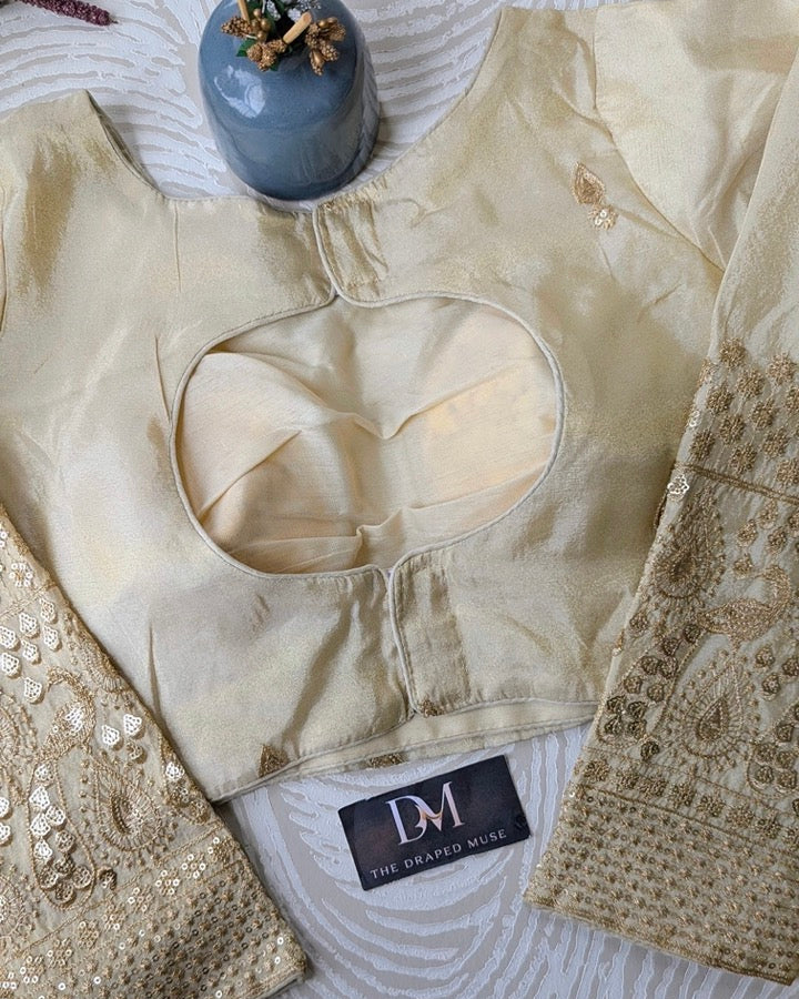 Off White Embroidered Tissue Silk Blouse - Readymade Saree Blouse