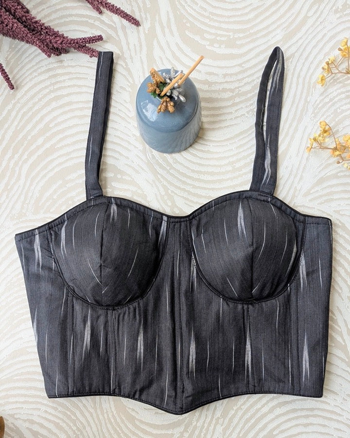Black Ikkat Cotton Corset Blouse - Readymade Saree Blouse