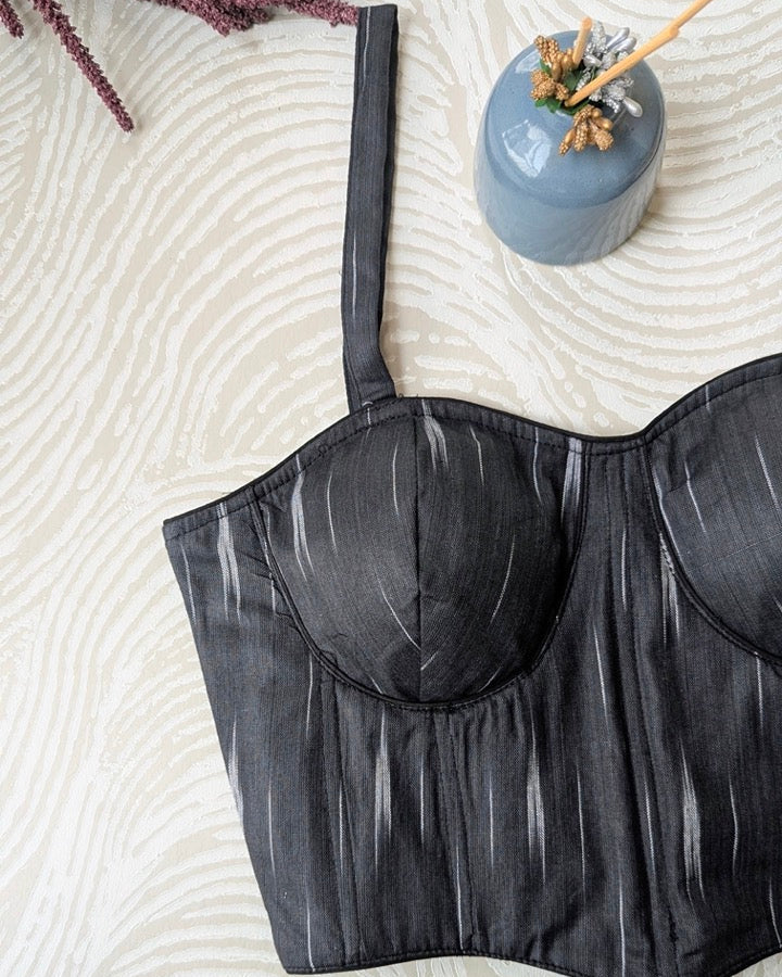 Black Ikkat Cotton Corset Blouse - Readymade Saree Blouse