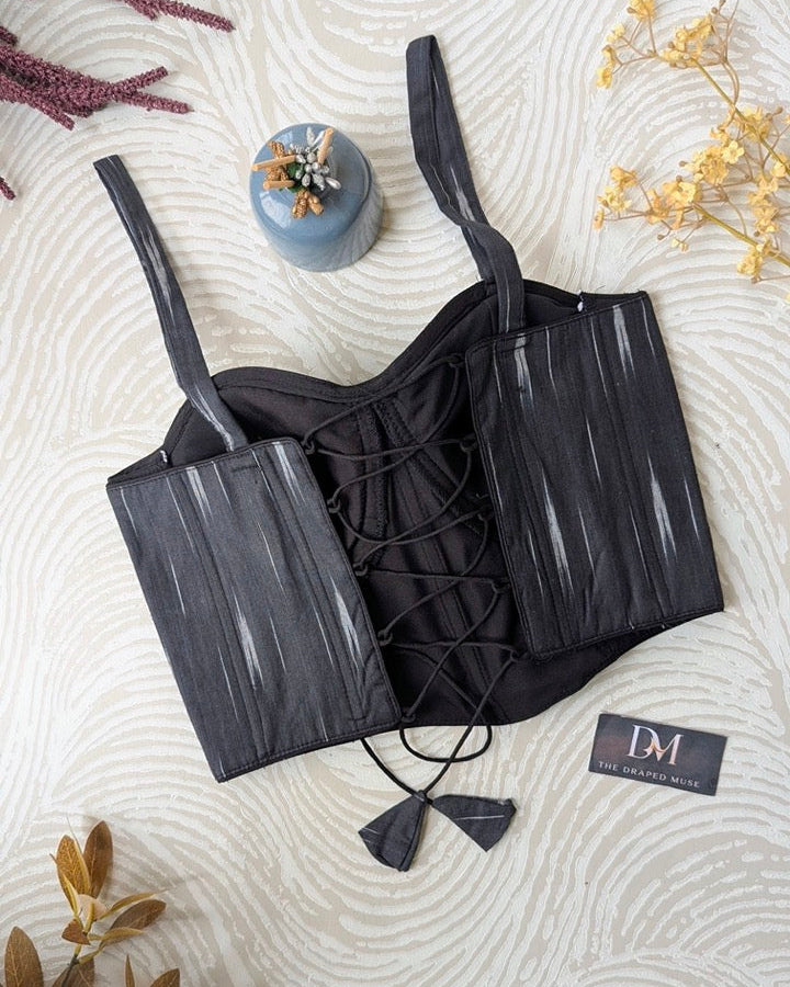 Black Ikkat Cotton Corset Blouse - Readymade Saree Blouse