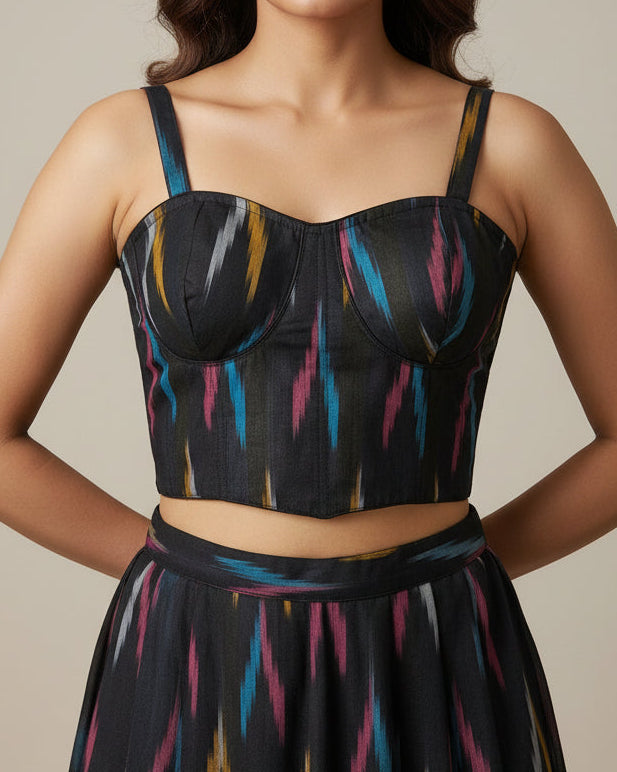 Black Ikkat Cotton Corset Blouse - Readymade Saree Blouse