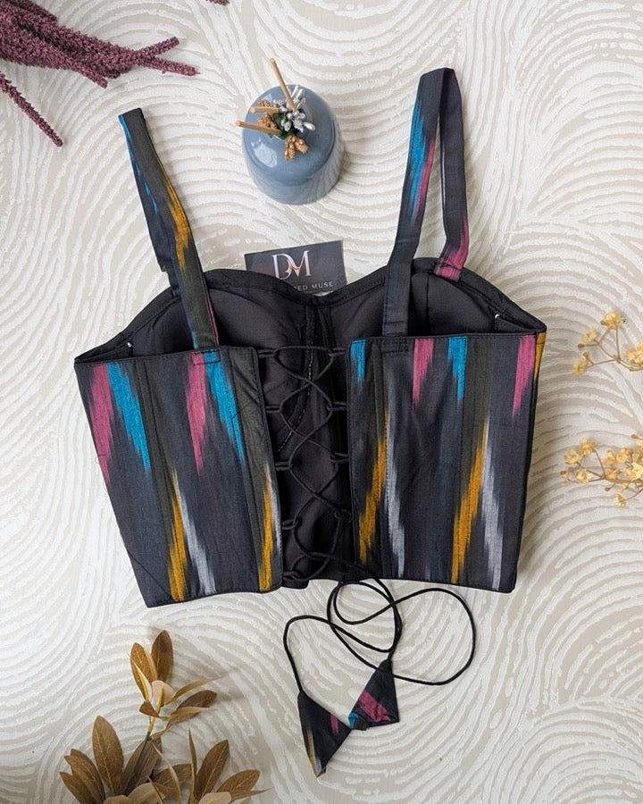 Black Ikkat Cotton Corset Blouse - Readymade Saree Blouse