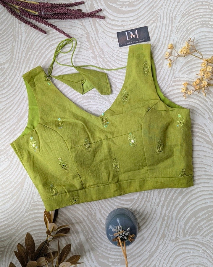 Green Cotton Blouse with Self Embroidery - Readymade Saree Blouse