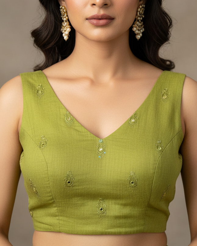 Green Cotton Blouse with Self Embroidery - Readymade Saree Blouse