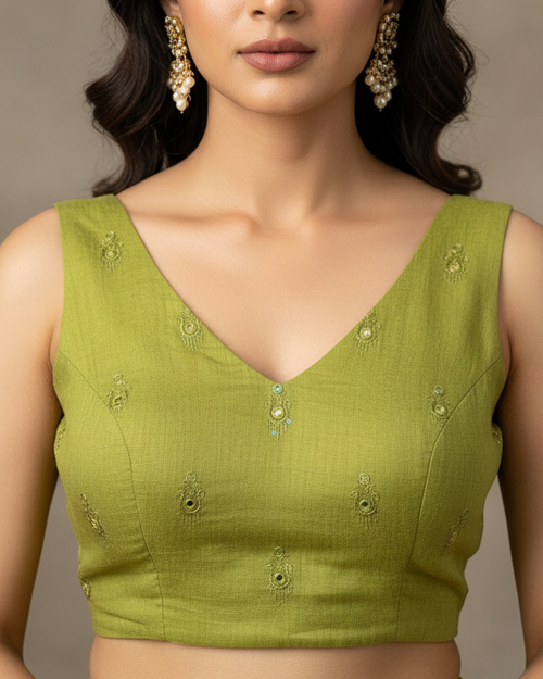 Green Cotton Blouse with Self Embroidery - Readymade Saree Blouse