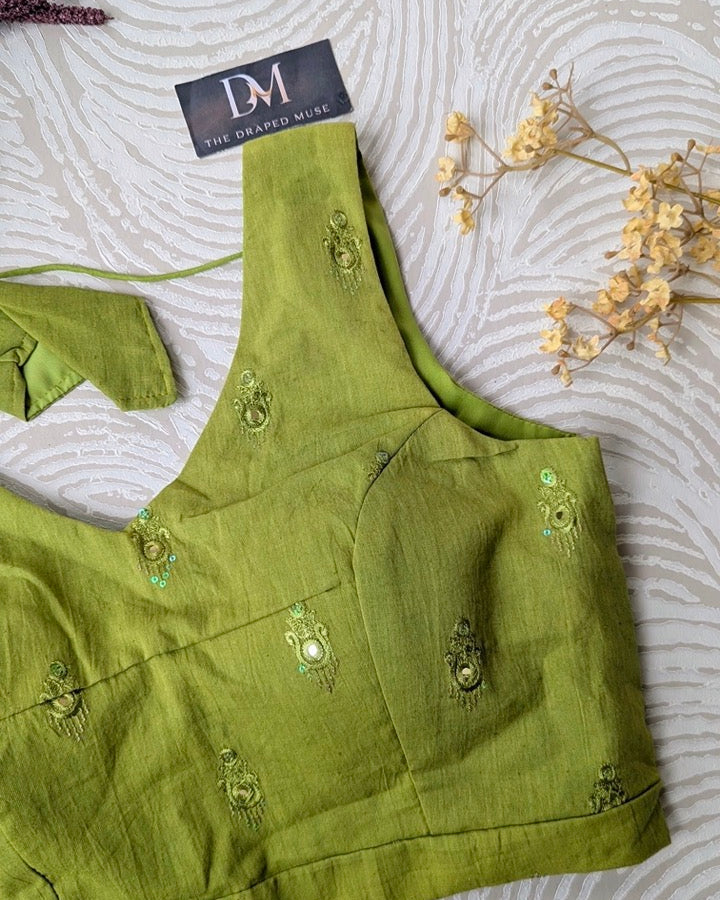 Green Cotton Blouse with Self Embroidery - Readymade Saree Blouse