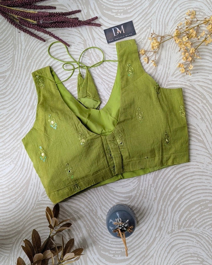 Green Cotton Blouse with Self Embroidery - Readymade Saree Blouse