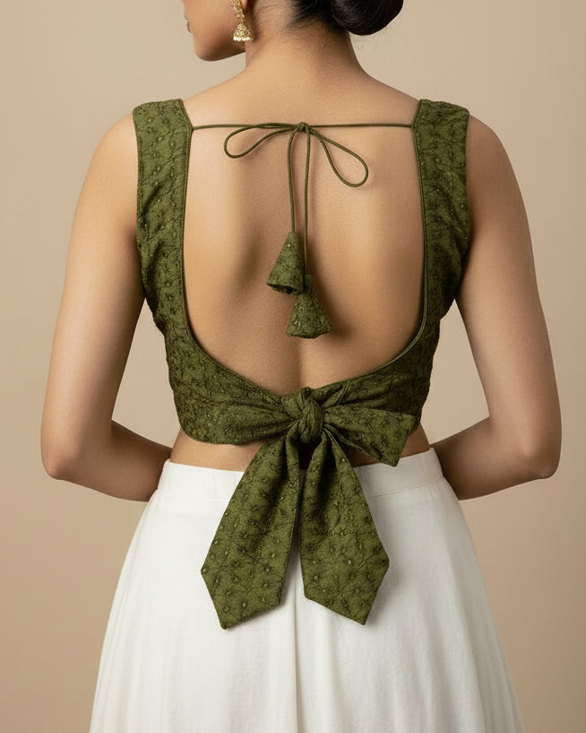 Olive Green Hakoba Cotton Blouse - Readymade Saree Blouse