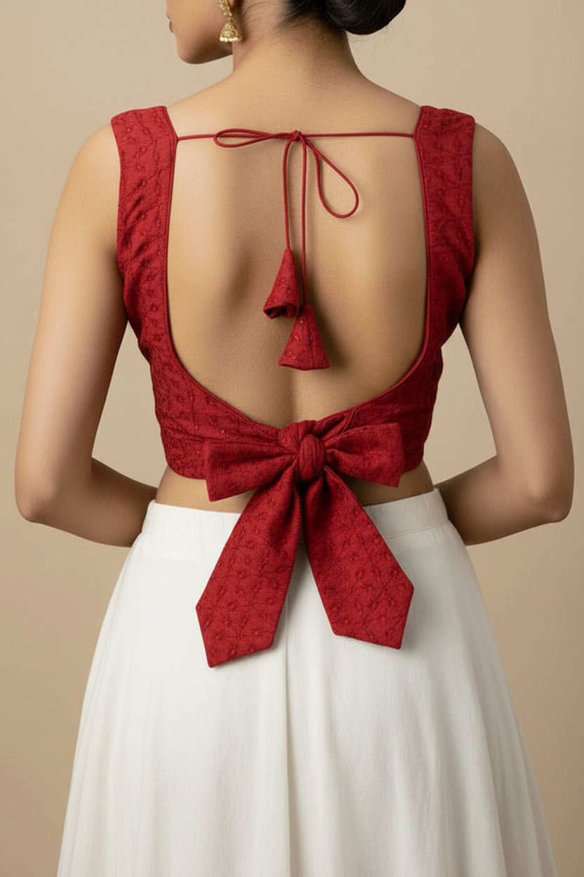 Red Hakoba Cotton Blouse - Readymade Saree Blouse