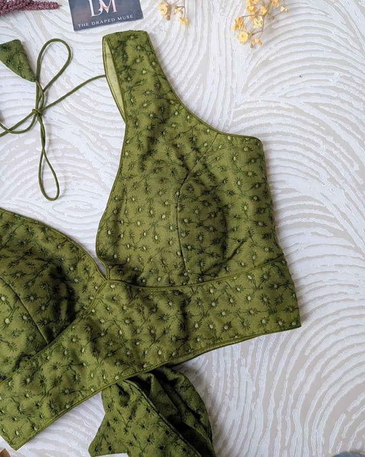 Olive Green Hakoba Cotton Blouse - Readymade Saree Blouse