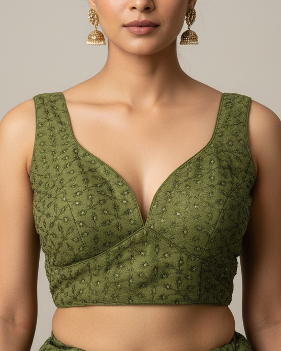 Olive Green Hakoba Cotton Blouse - Readymade Saree Blouse