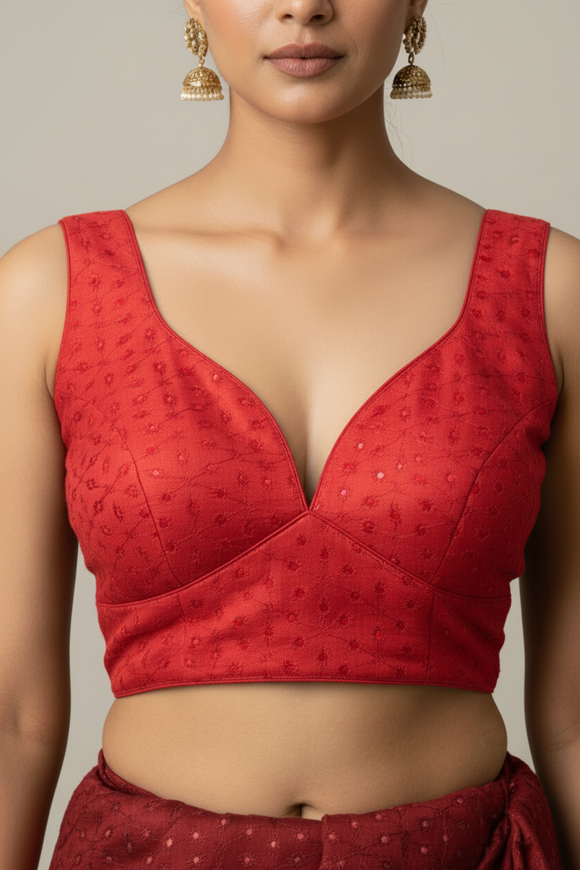 Red Hakoba Cotton Blouse - Readymade Saree Blouse
